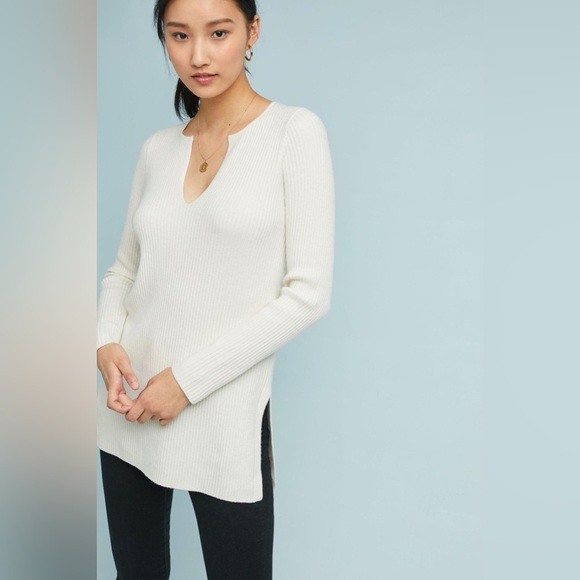 Anthropologie Ett:twa Women Gray Ribbed Tunic V Neck Sweater Wool Blend - Picture 6 of 6